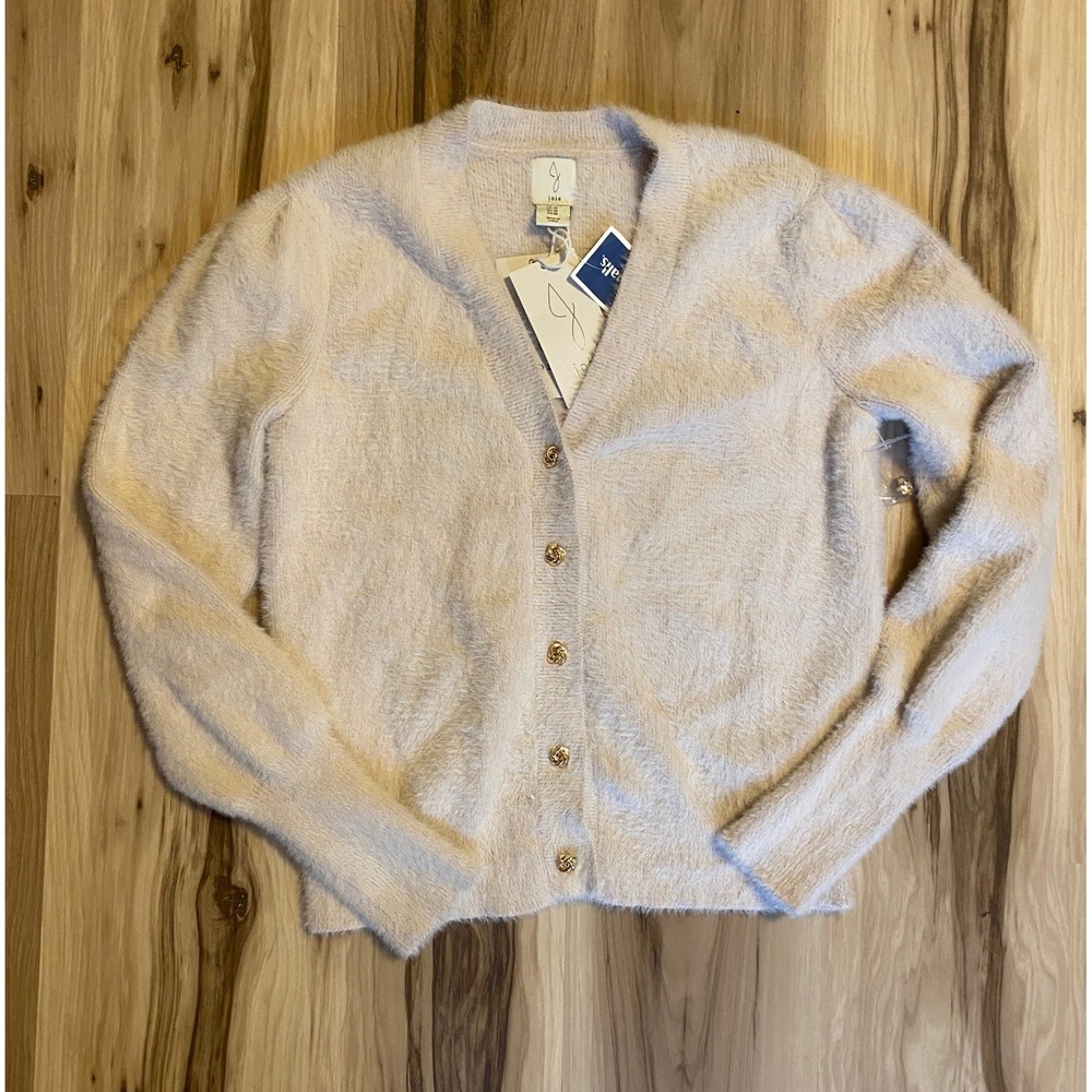 Joie Women Cream Fuzzy Eyelash Knit V-Neck Cardigan Gold Button Sweater Size M